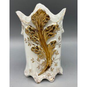 Antique White Porcelain Bud Vase Gold Tone Leaf‎ Design Ornate Scalloped Edge